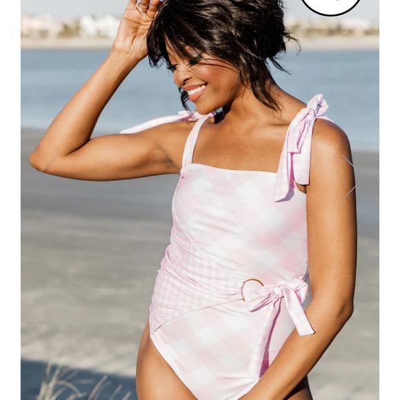 COOL BY THE POOL LIGHT PINK GINGHAM WRAP ONE PIECE SWIMSUIT - Picture 2 of 8